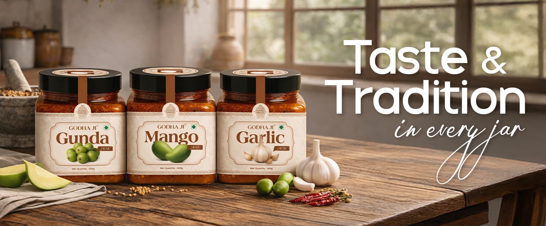 Handmade artisanal pickles by Godhaji — traditional recipes with no preservatives