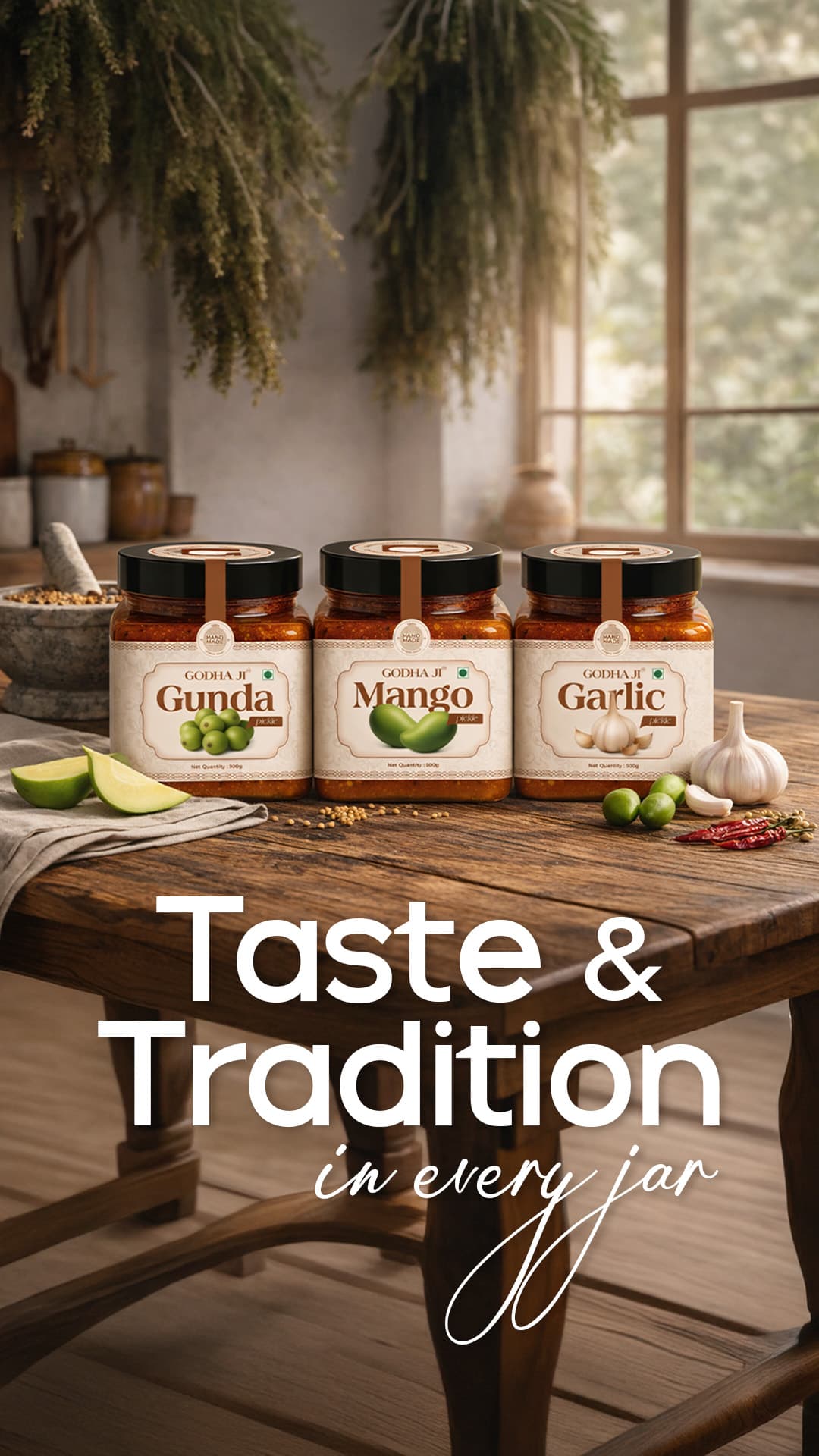 Handmade artisanal pickles by Godhaji — traditional recipes with no preservatives